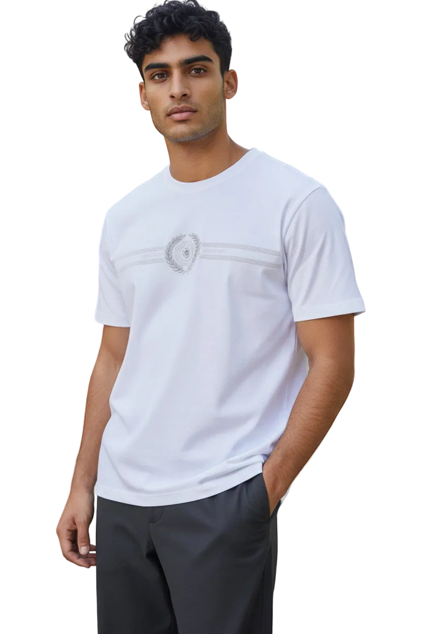 White short-sleeved crew neck t-shirt with a silver-toned crest and laurel wreath on the chest, flanked by horizontal pattern