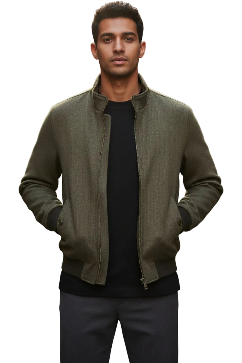 Dark green textured bomber jacket with a stand collar, full zip front, ribbed cuffs, ribbed hem, and front welt pockets.