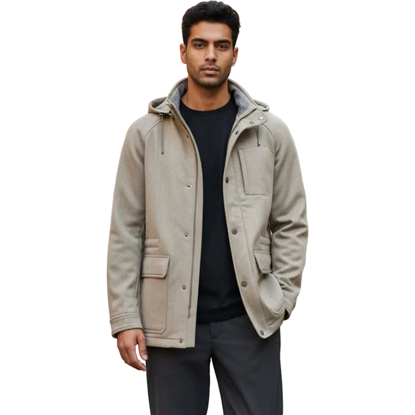 Beige hooded sport jacket with a textured weave, full zip and snap placket, and multiple snap-closure pockets.