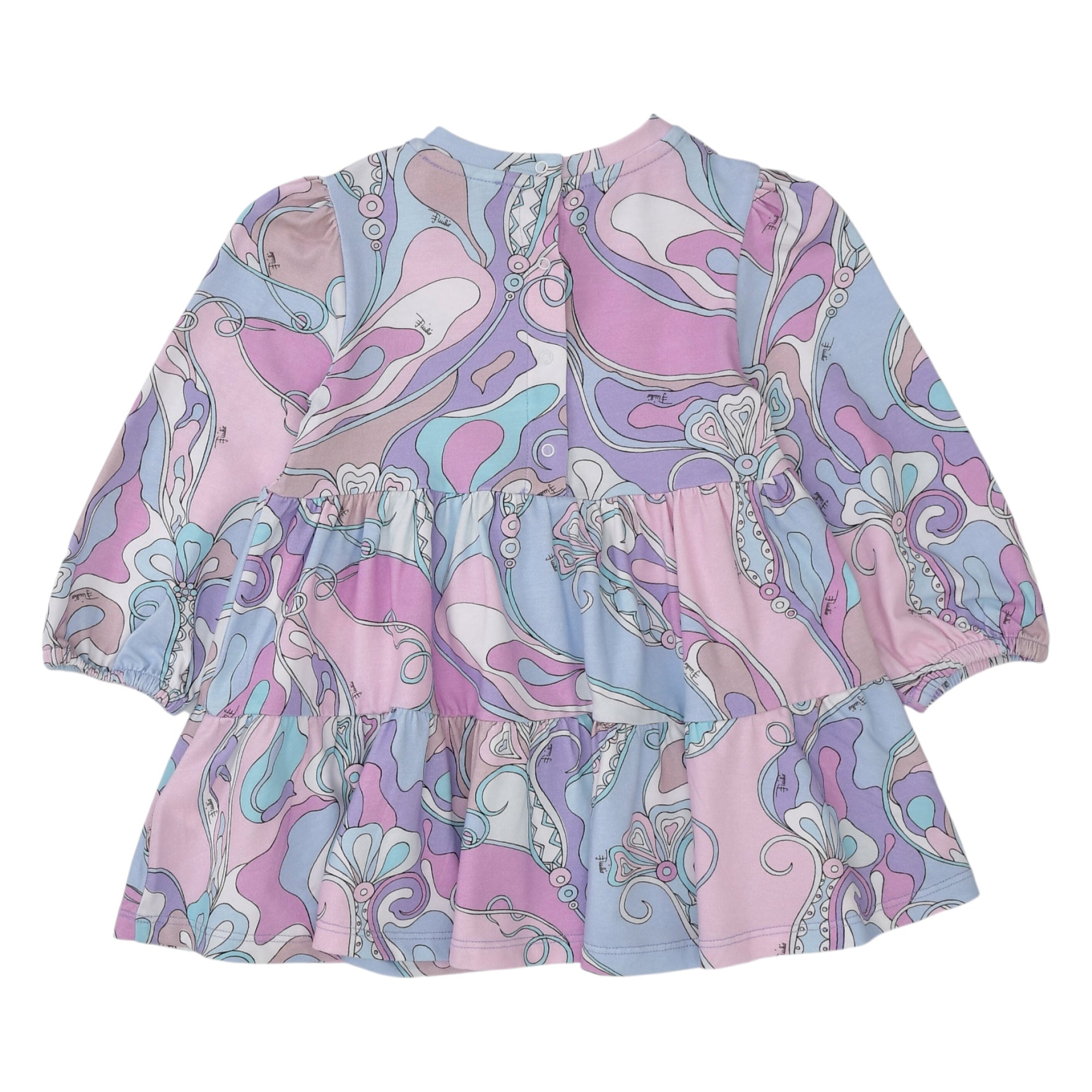 Kids' tiered long-sleeve dress with swirling abstract pastel pattern in pink, purple, blue, white. Back button closure, elast