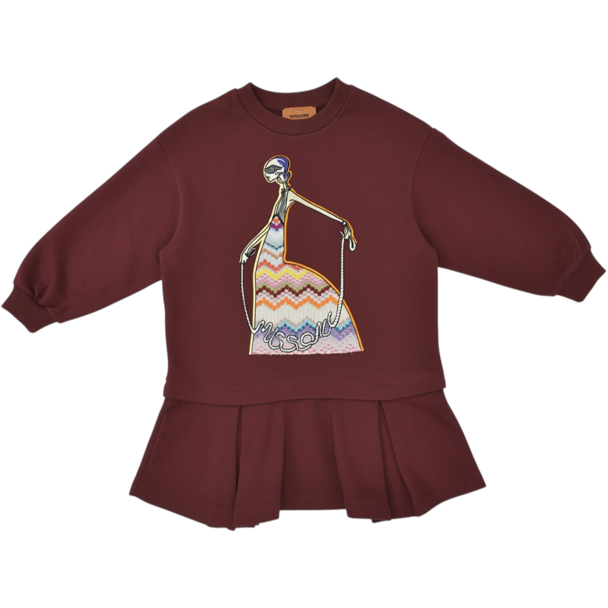 Burgundy long-sleeved knit dress with a round neck, ribbed cuffs, and a pleated skirt. Features a colourful zig-zag patterned
