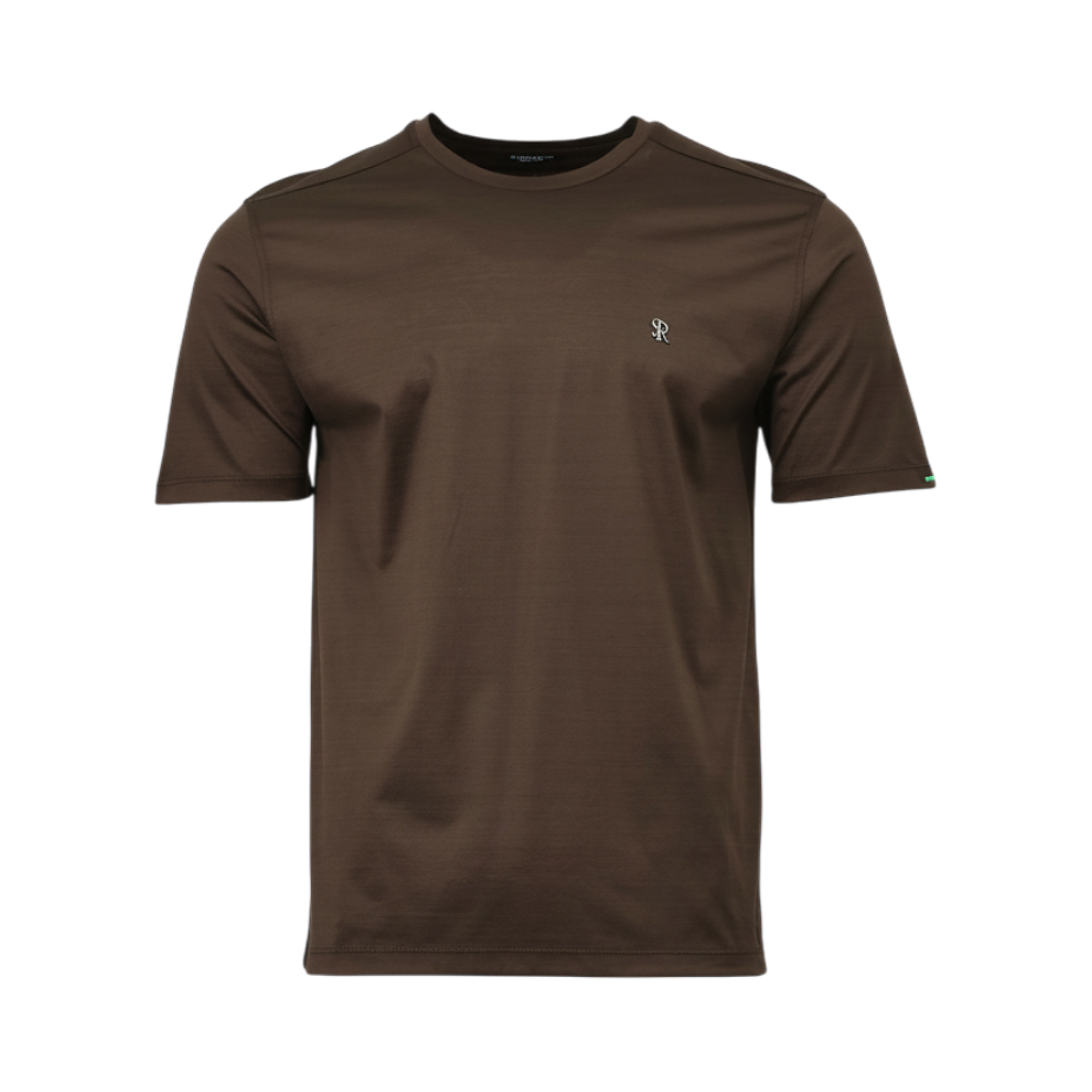 Dark brown short-sleeved t-shirt with a crew neck, a small silver-toned 'R' logo on the left chest, and a green stripe on the