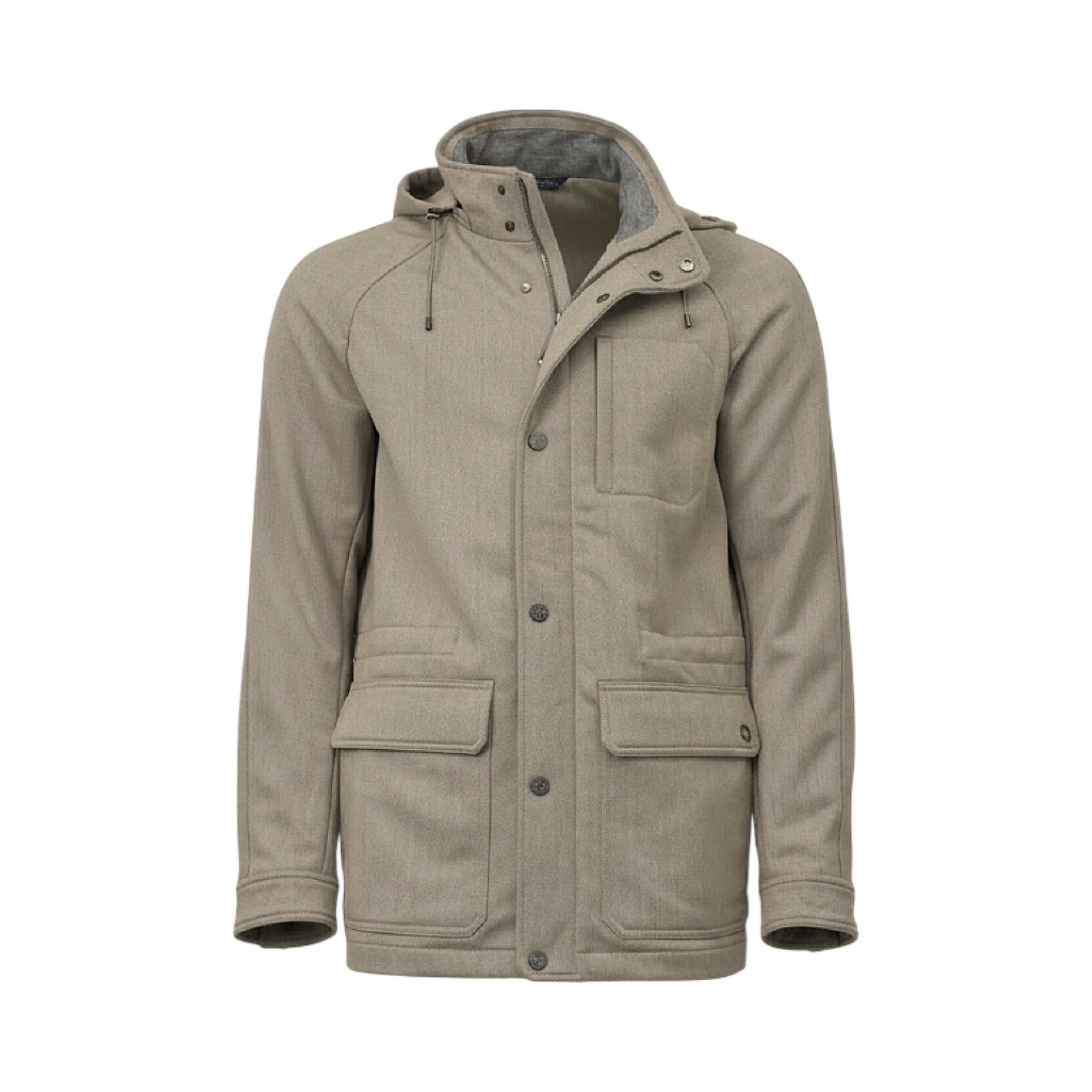 Beige textured sport jacket with a grey-lined hood, full-zip, button placket, two chest pockets, two flap pockets, and hood d