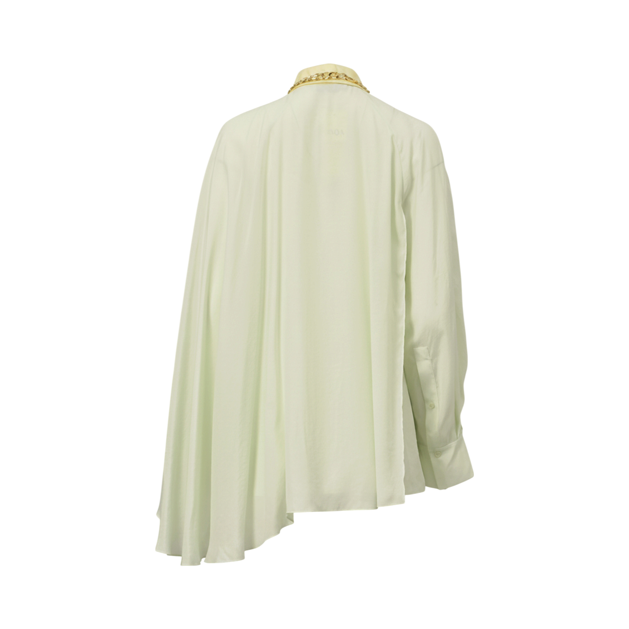 Mint green blouse with a cream collar, gold-toned chain detail, long sleeves, and an asymmetrical cape-like back.