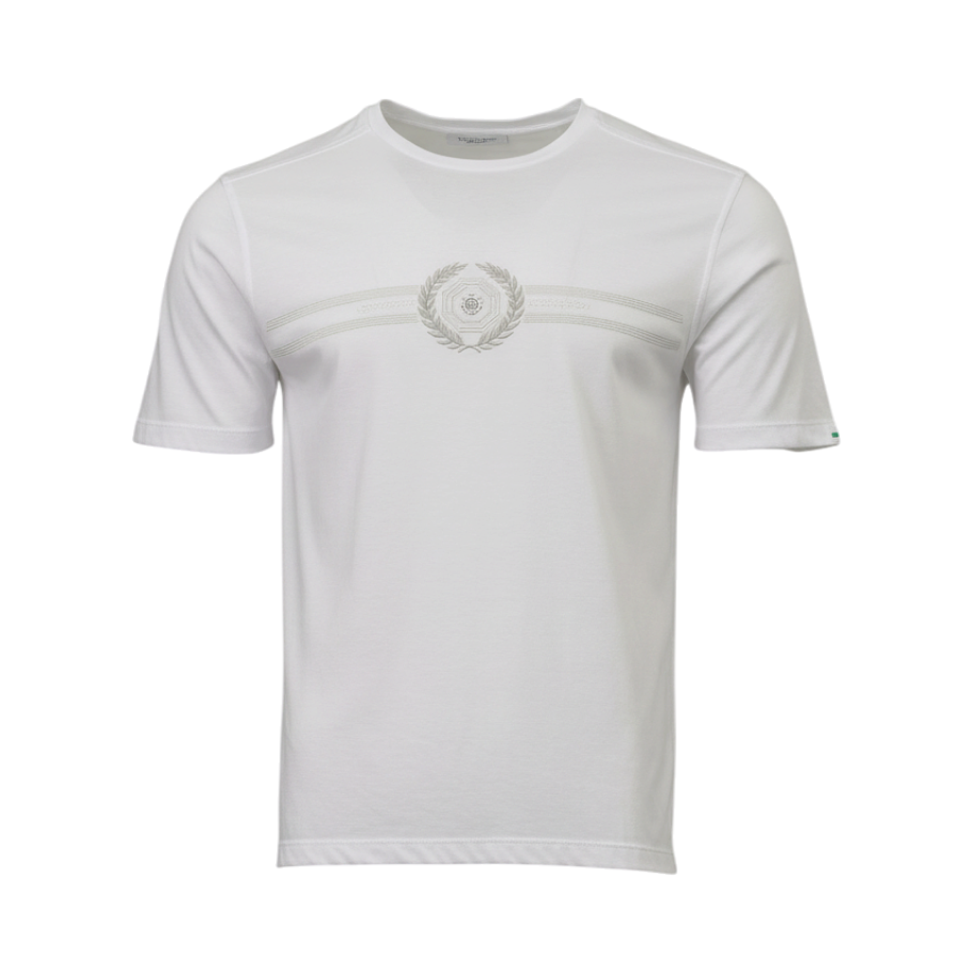 White men's crew neck T-shirt with short sleeves and a grey-toned circular emblem on a horizontal chest band.