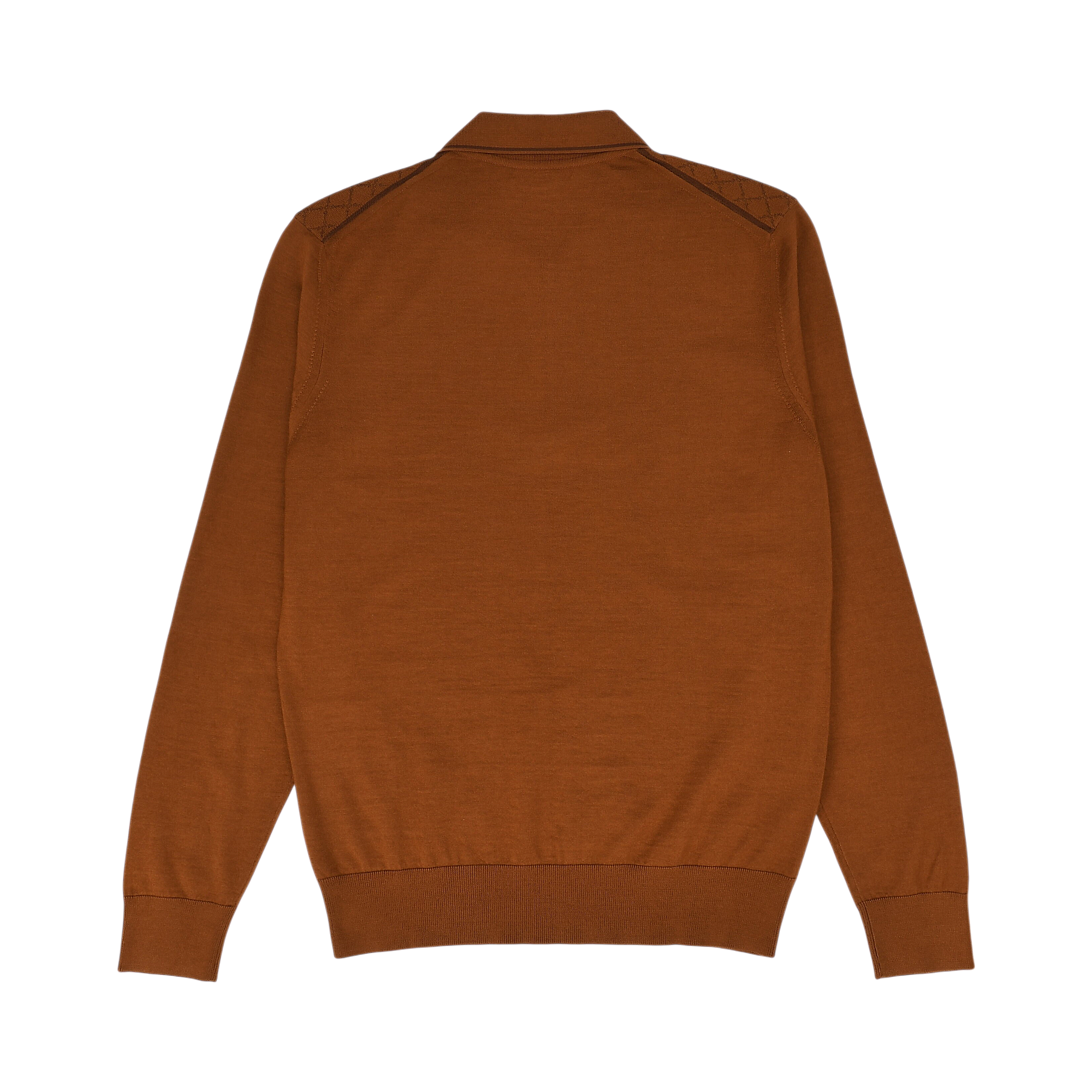 Back view of a rust-colored long-sleeved polo sweater. Features a ribbed collar, cuffs, and hem, with decorative shoulder sti