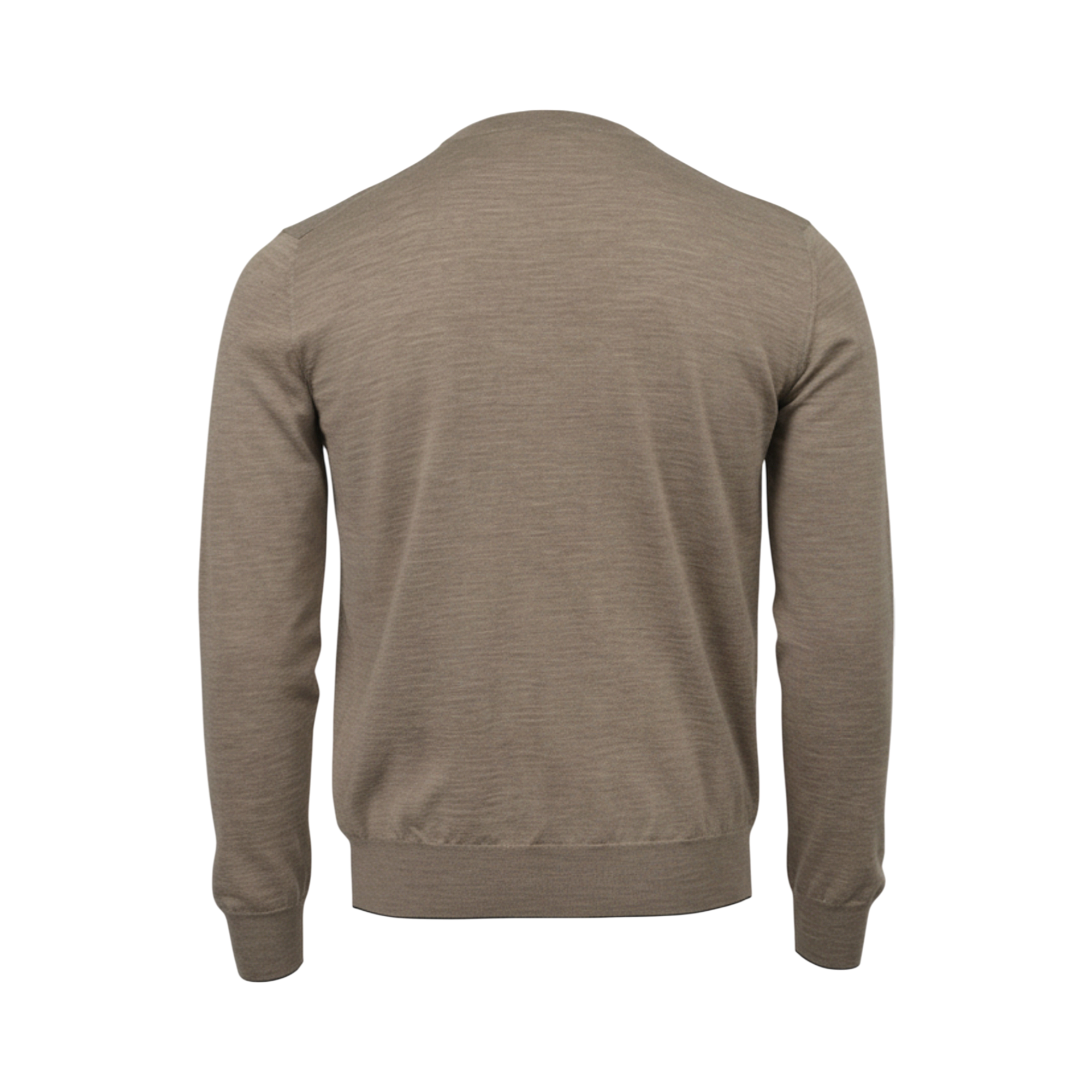 Beige long-sleeved sweater with a rounded back neckline, ribbed cuffs, and a ribbed hem. Fine knit texture.