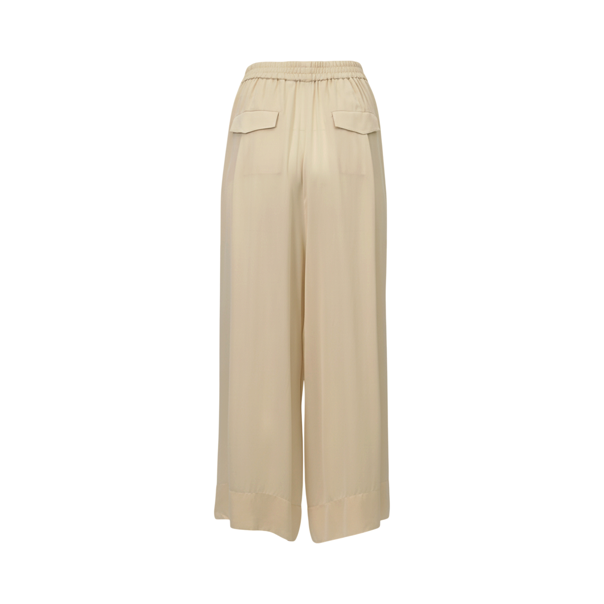 Beige wide-leg trousers with an elasticated waistband and two back flap pockets.