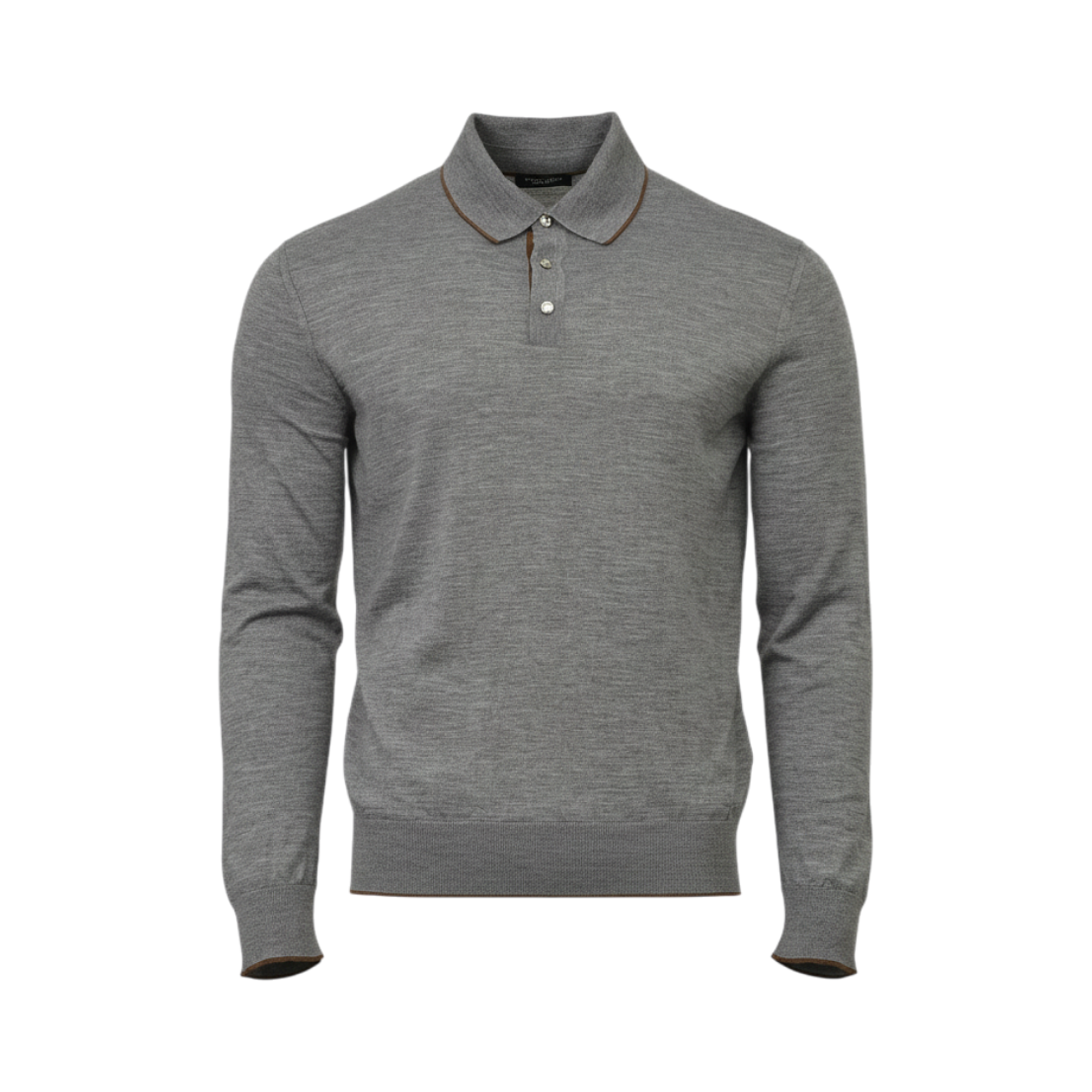 Men's long-sleeved polo sweater in grey knit fabric, featuring a pointed collar with brown trim and a two-button placket.