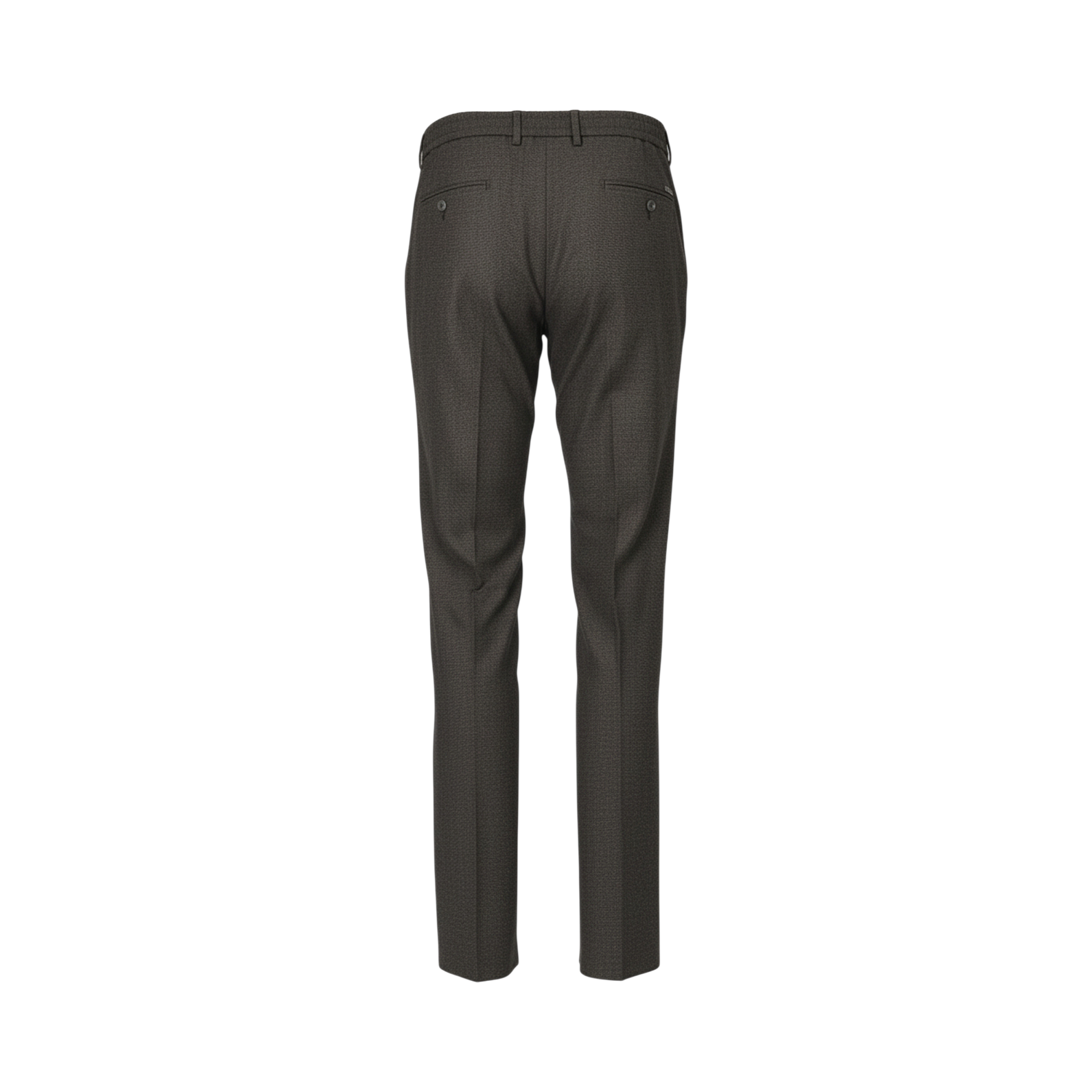 Dark charcoal grey patterned dress trousers, back view, with belt loops and two buttoned back pockets.