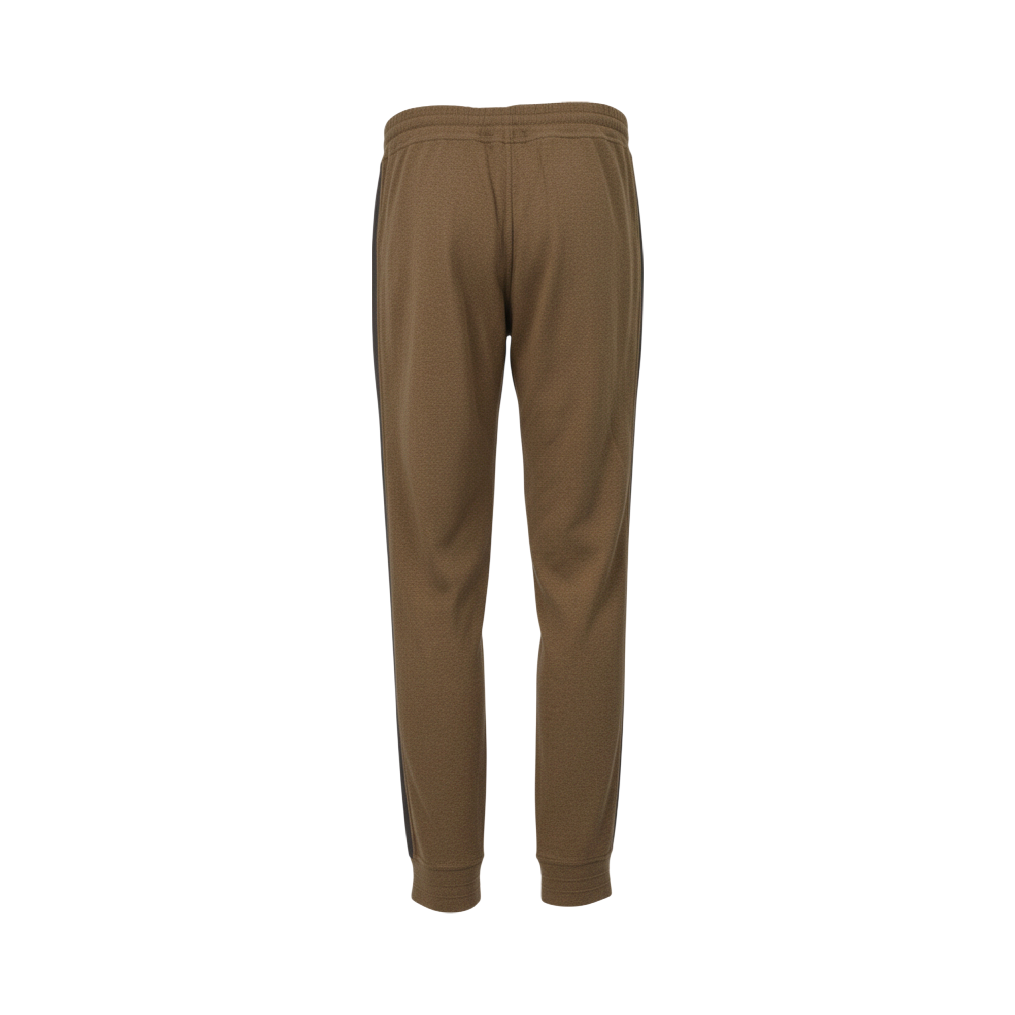 Brown men's tapered jogger trousers with dark side stripes and ribbed ankle cuffs, seen from the back.