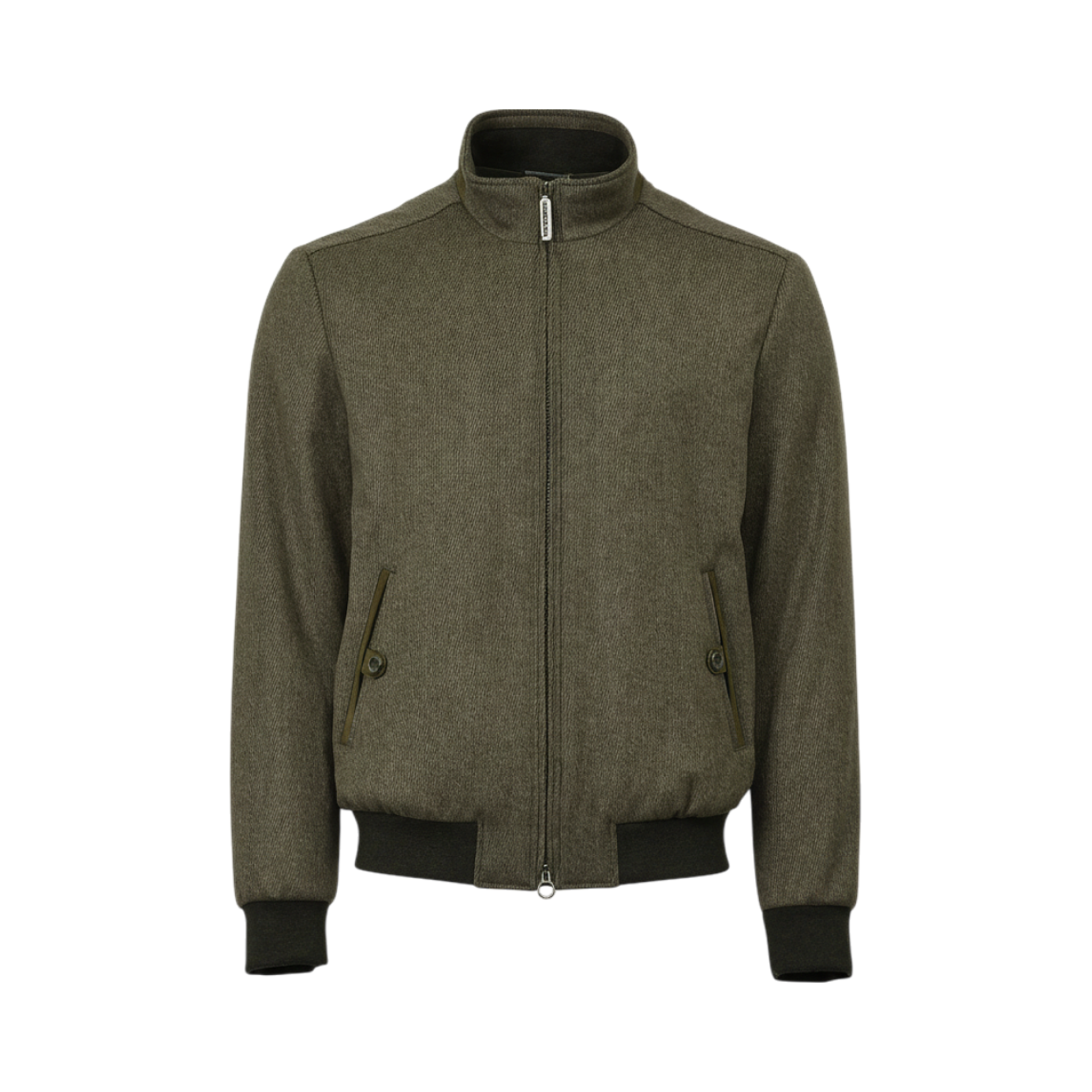Dark green herringbone sport jacket with a stand collar, full-zip front, two flap pockets, and ribbed cuffs and hem.