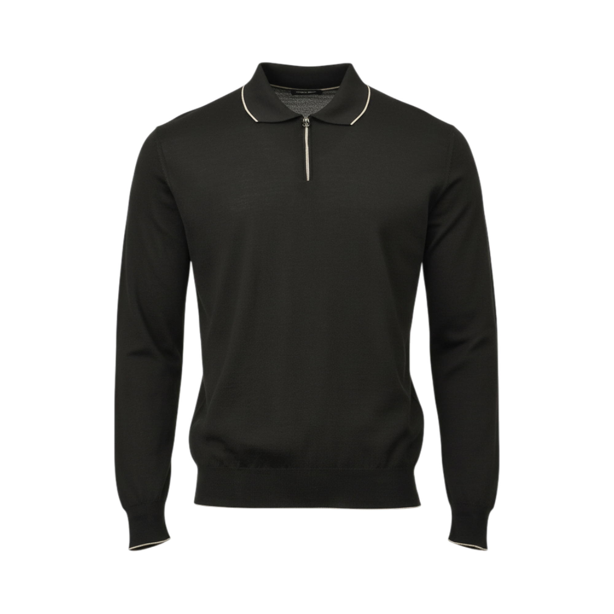 Black long-sleeved knit polo sweater with a quarter-zip placket and cream-coloured trim on the collar and cuffs.