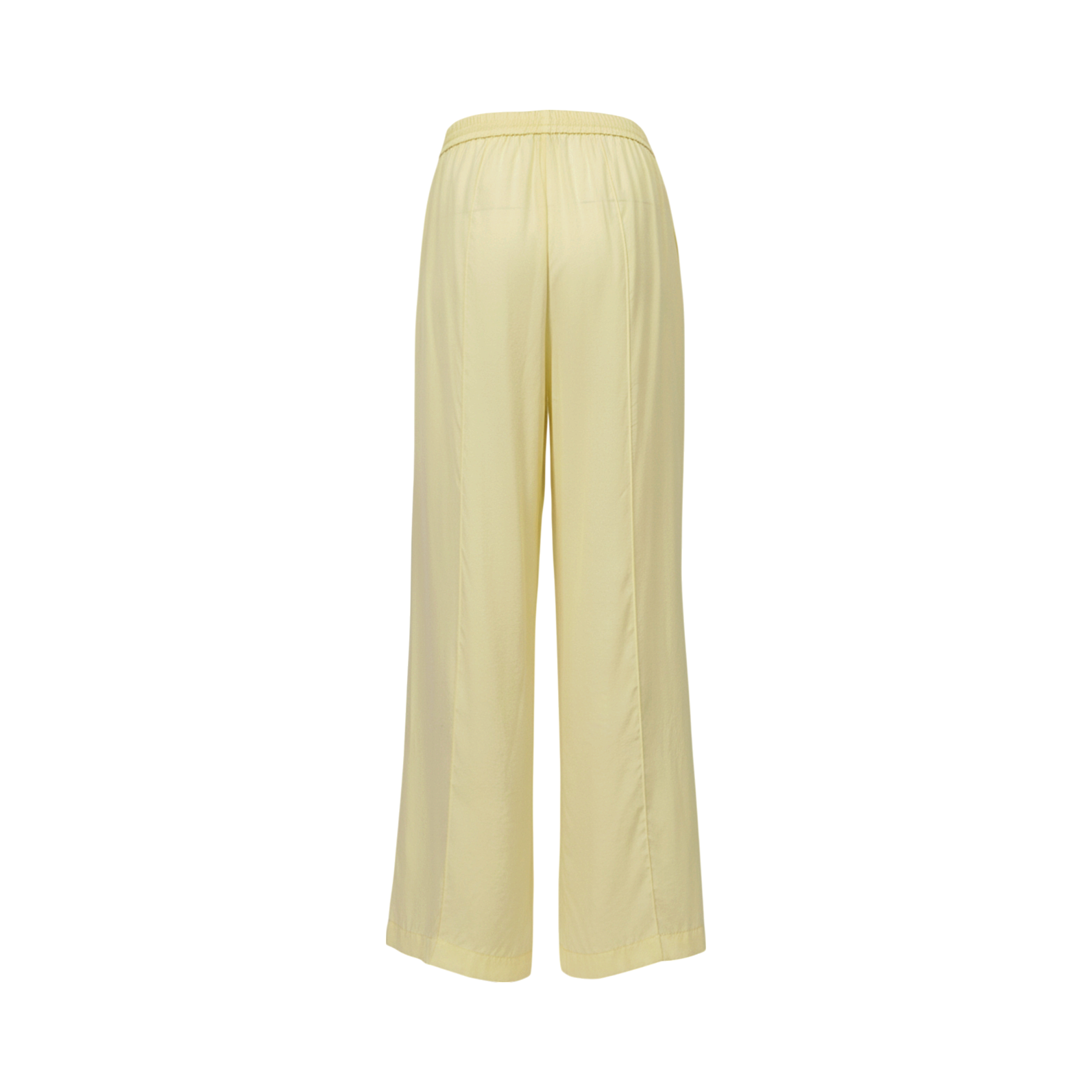 Light yellow wide-leg trousers with an elasticated back waistband and vertical seams down the back of each leg.