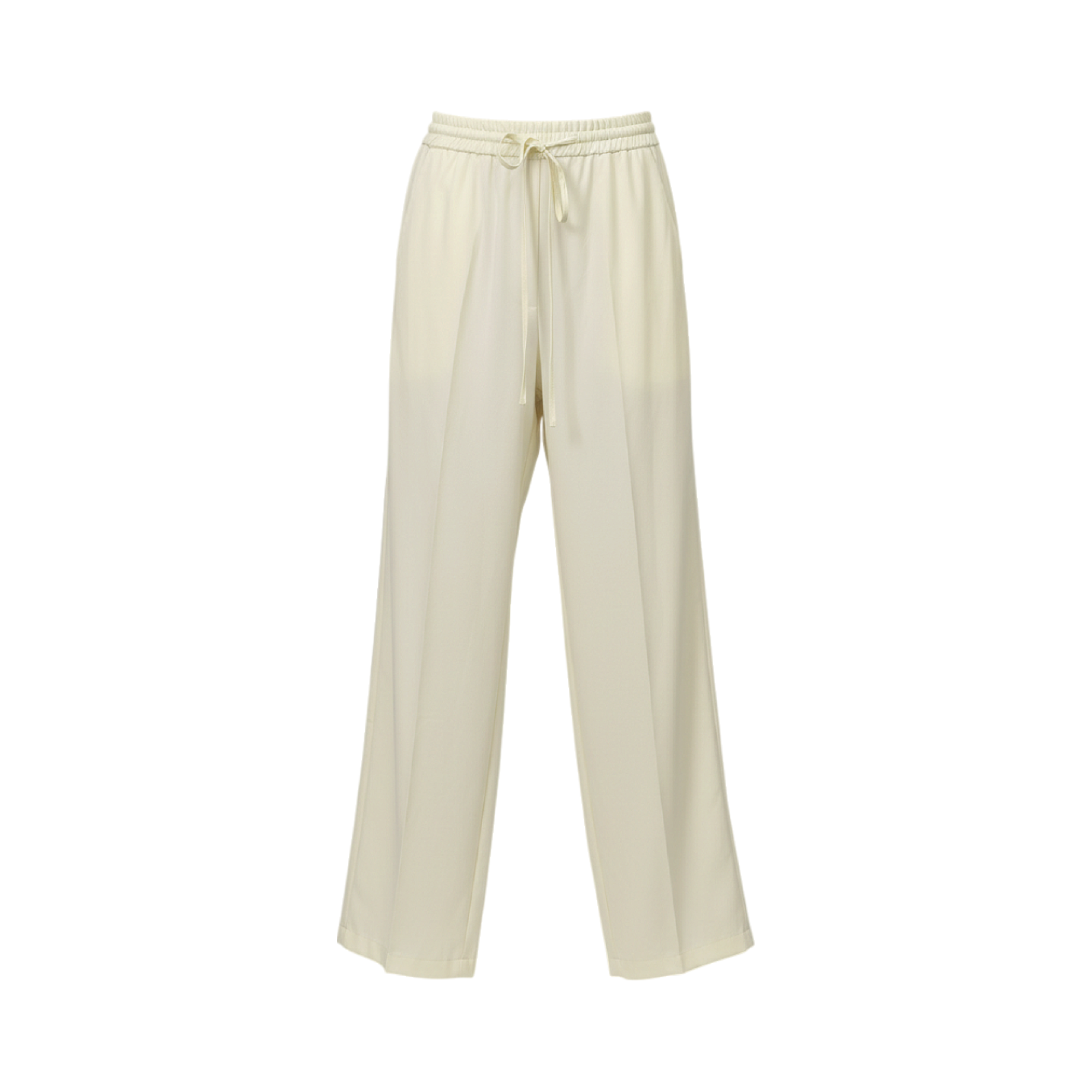 Ecru relaxed-fit wide-leg trousers with an elasticated drawstring waistband and soft front creases.