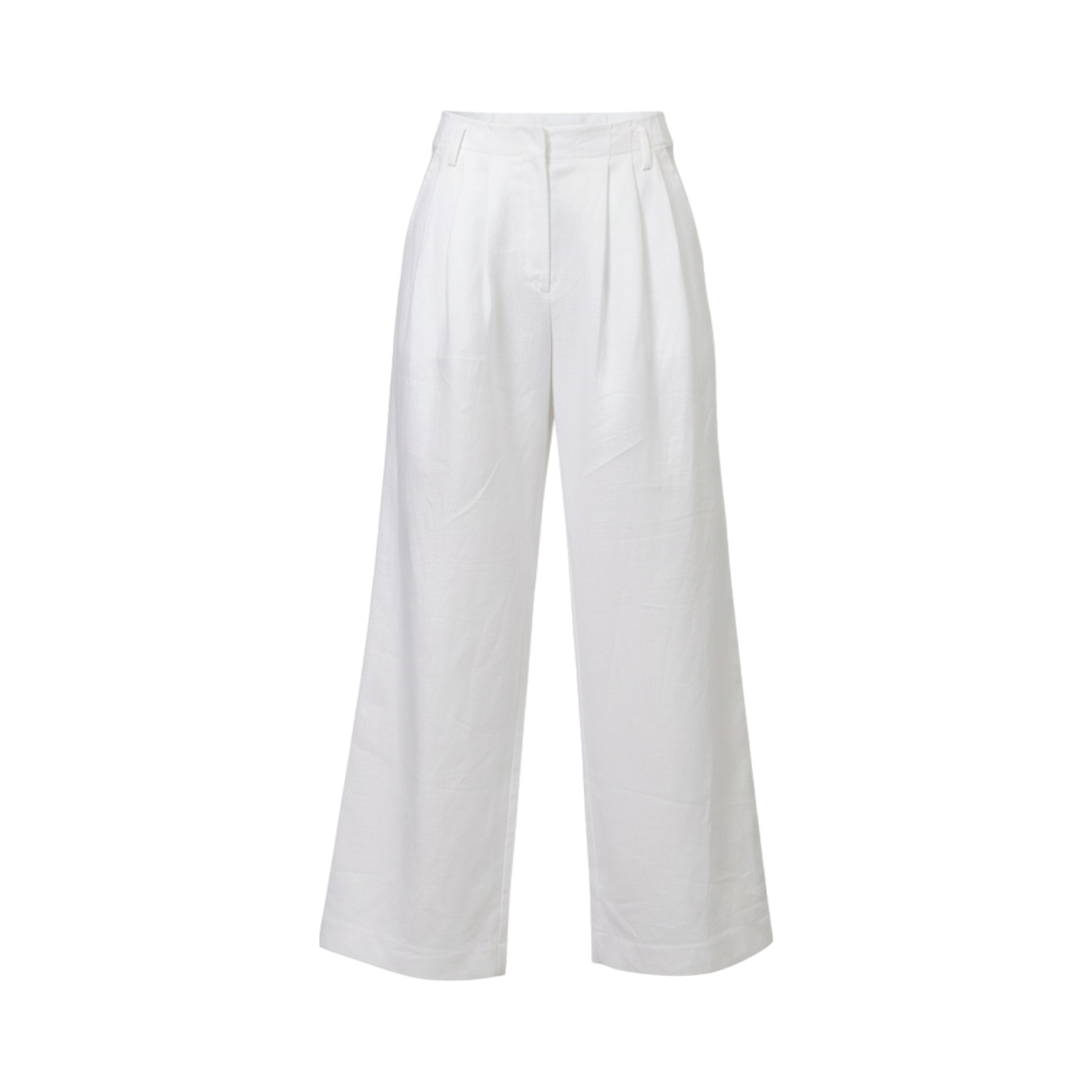 White wide-leg pleated trousers with a high waist, belt loops, and a concealed front closure.