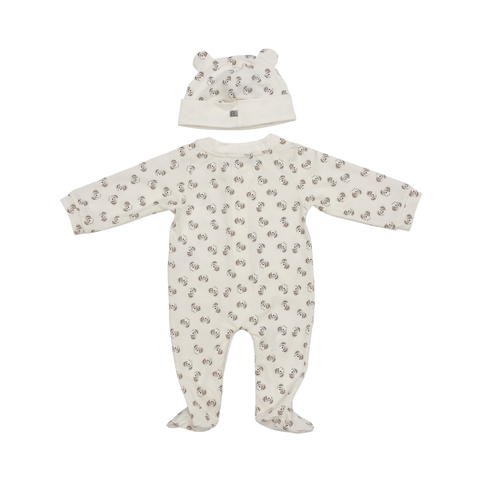 Beige sleepsuit and matching beanie hat with ears. Both have a repeated brown animal print. Sleepsuit is long-sleeved, footed