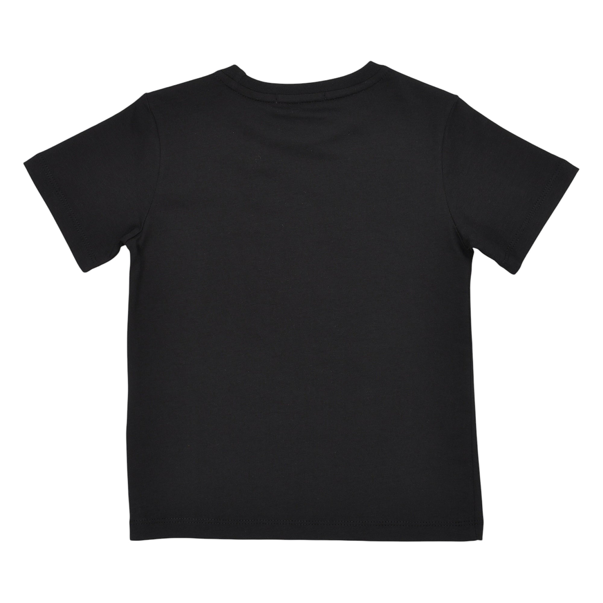 Solid black short-sleeve t-shirt with a crew neck, seen from the back.