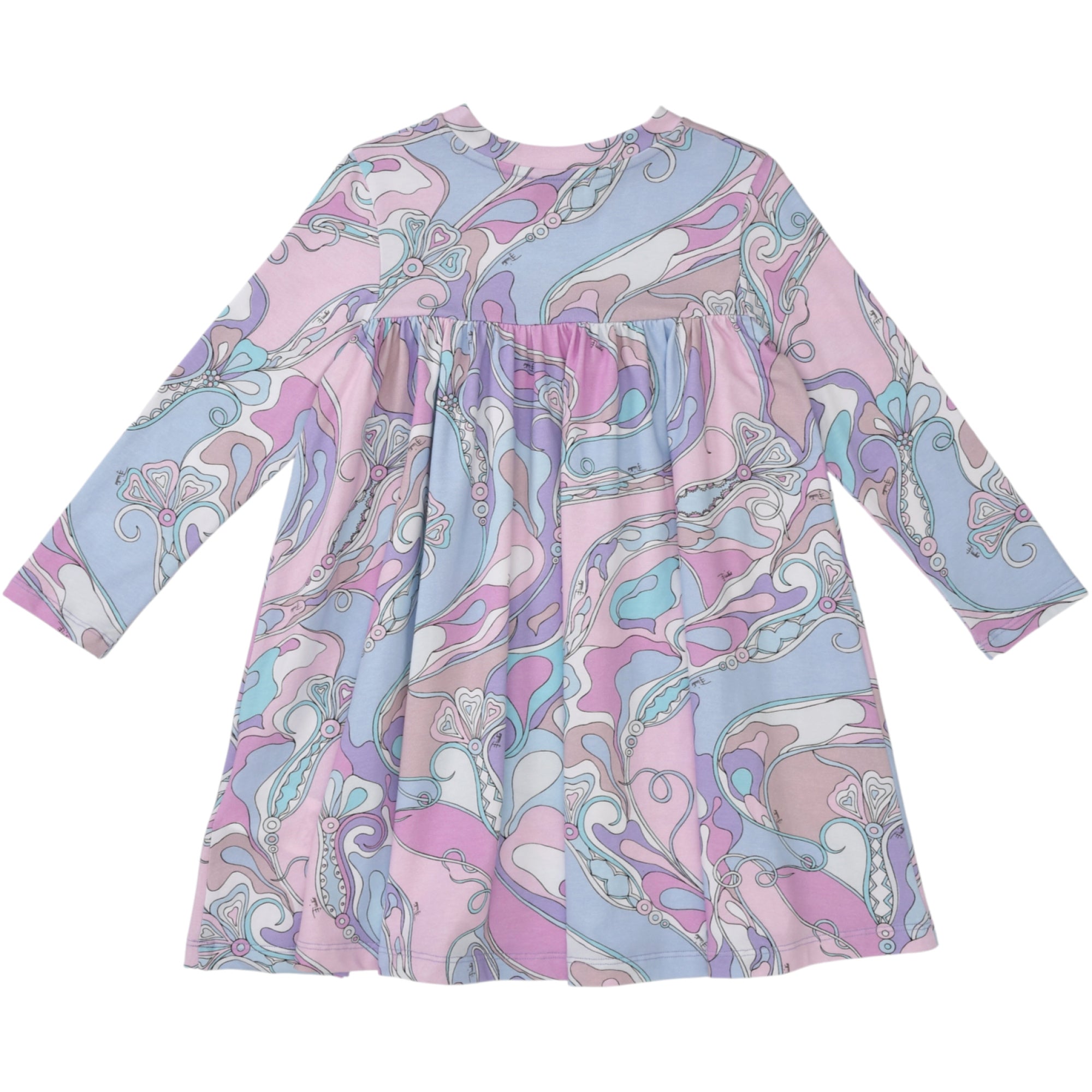Long-sleeved dress with a gathered waist, featuring a pastel abstract pattern in pink, blue, purple, teal, white, and light g