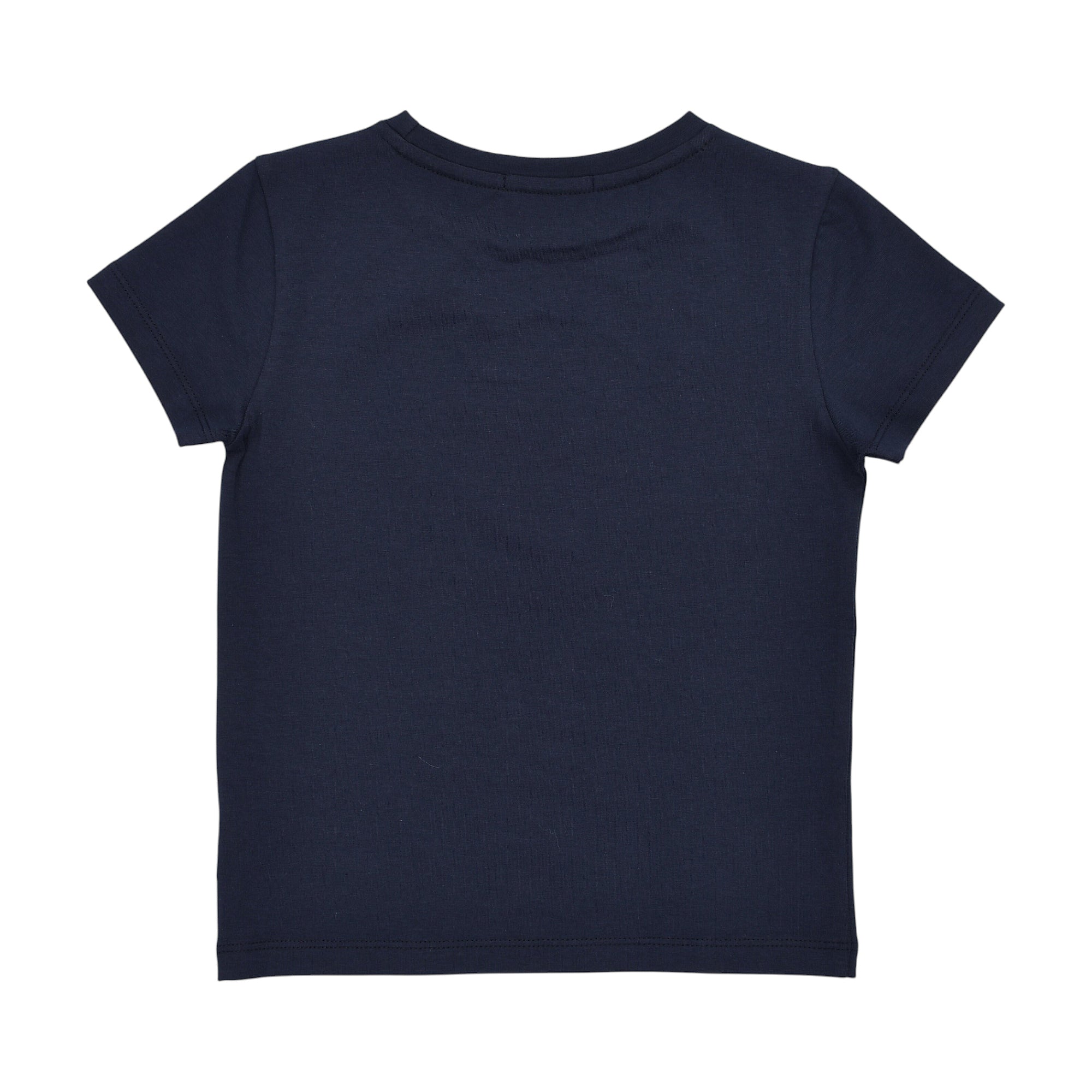 Navy blue short-sleeved t-shirt with a ribbed crew neck and plain back.