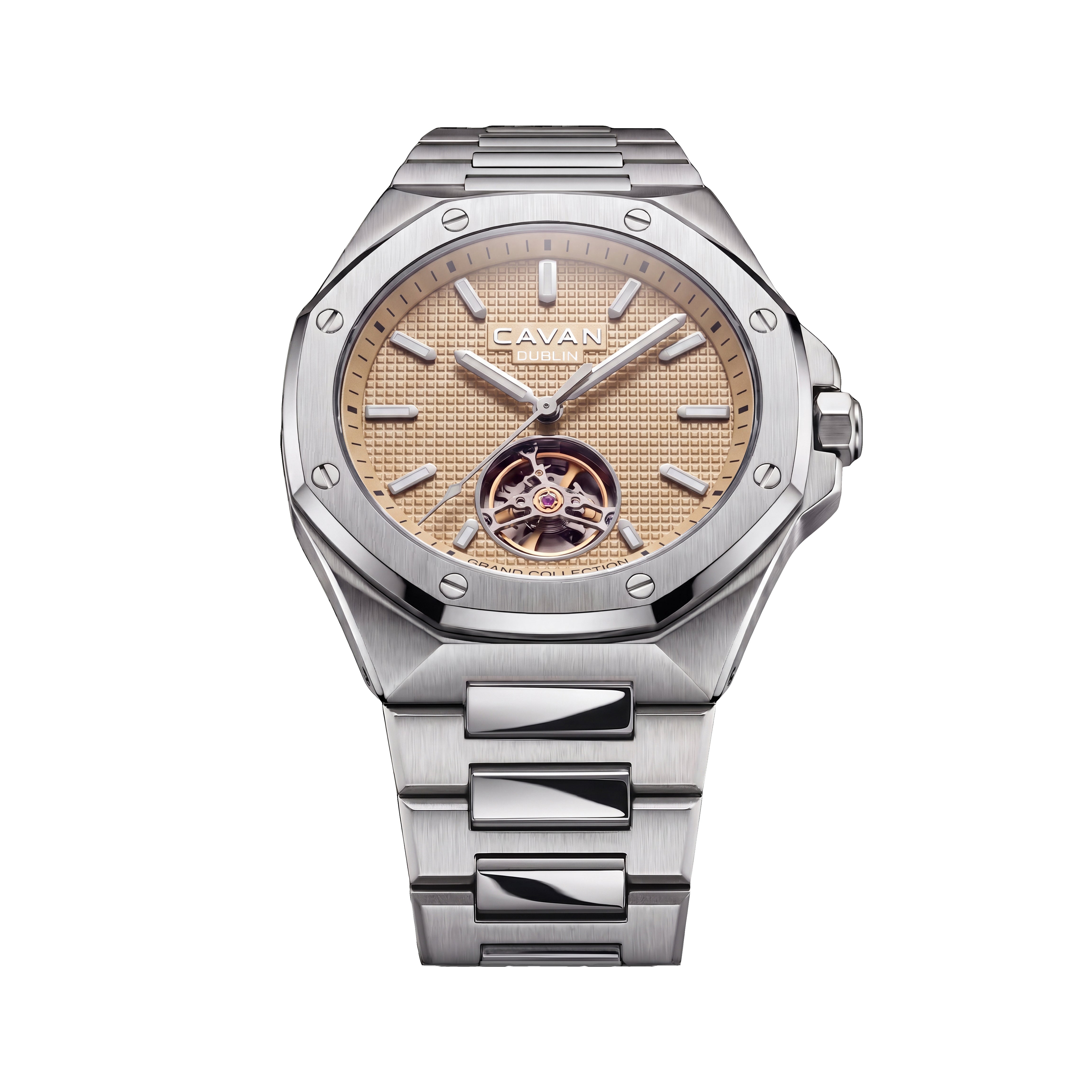 Silver-toned watch with an octagonal bezel, integrated metal bracelet, and a textured rose gold-toned dial with an open heart