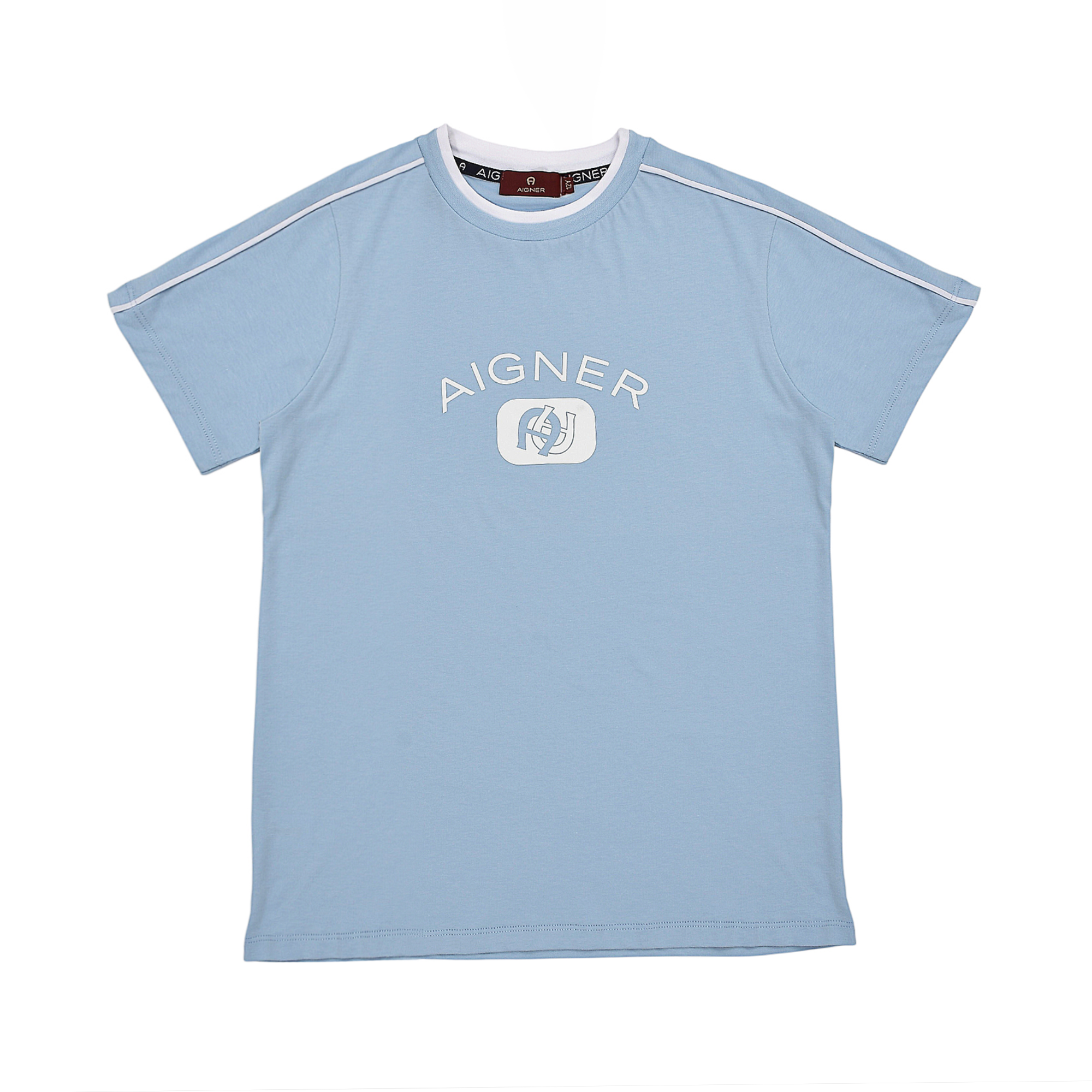 Light blue short-sleeved T-shirt with white shoulder piping and a white embroidered Aigner logo on the chest.