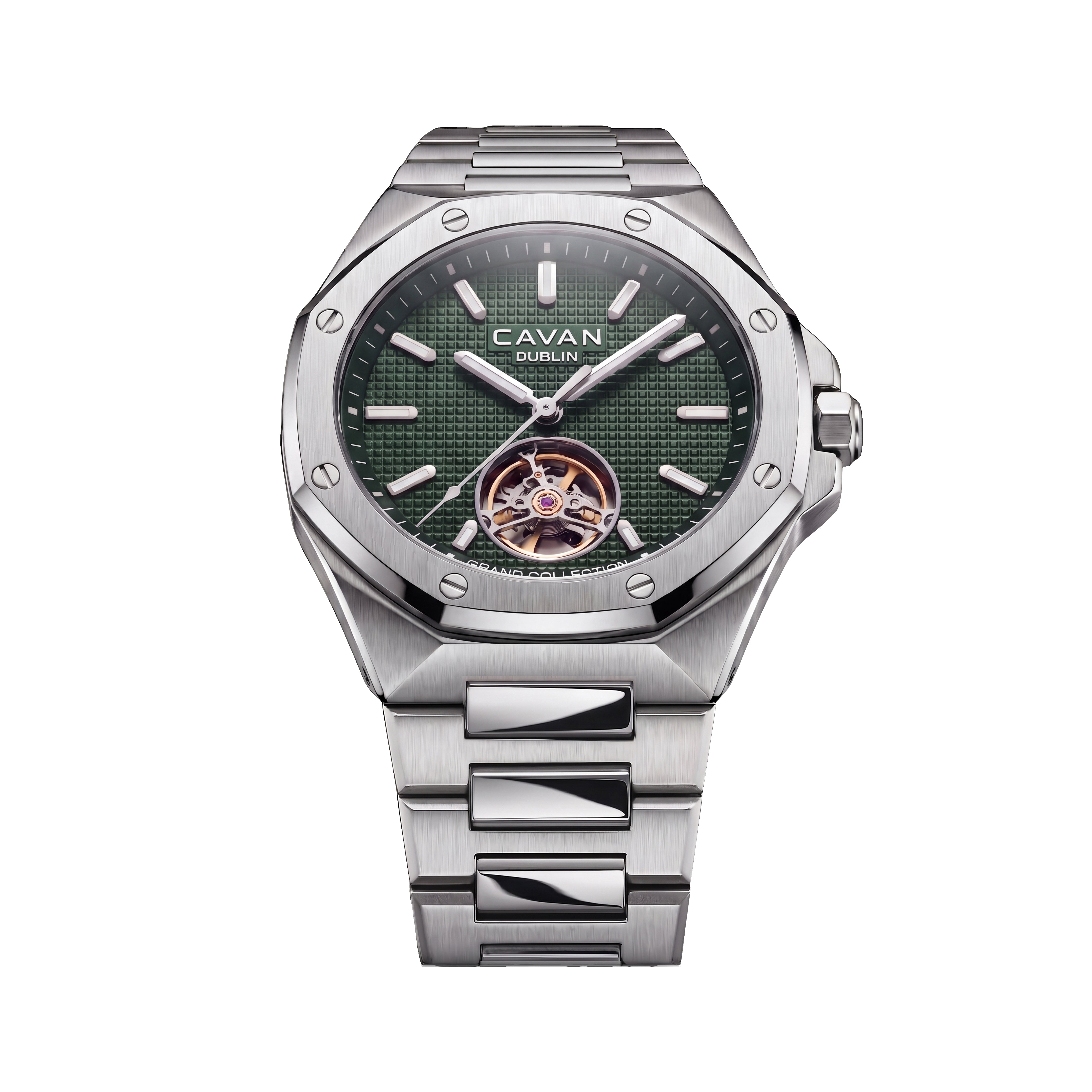 Cavan Grand Collection automatic watch with a dark green textured dial, silver-toned octagonal case, and integrated metal bra