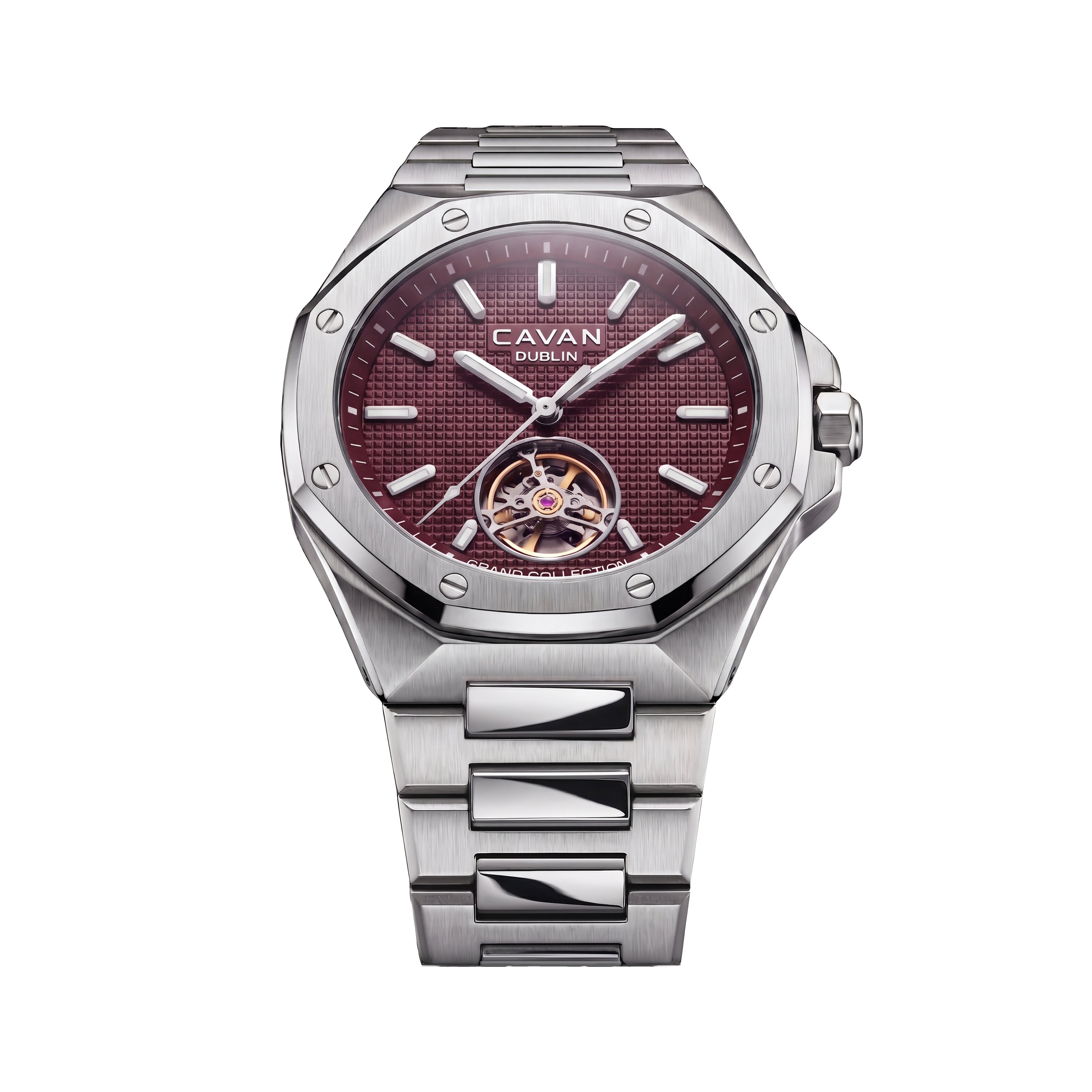 CAVAN Grand Collection watch with a silver-toned octagonal case and bracelet, and a maroon textured dial with an open heart.