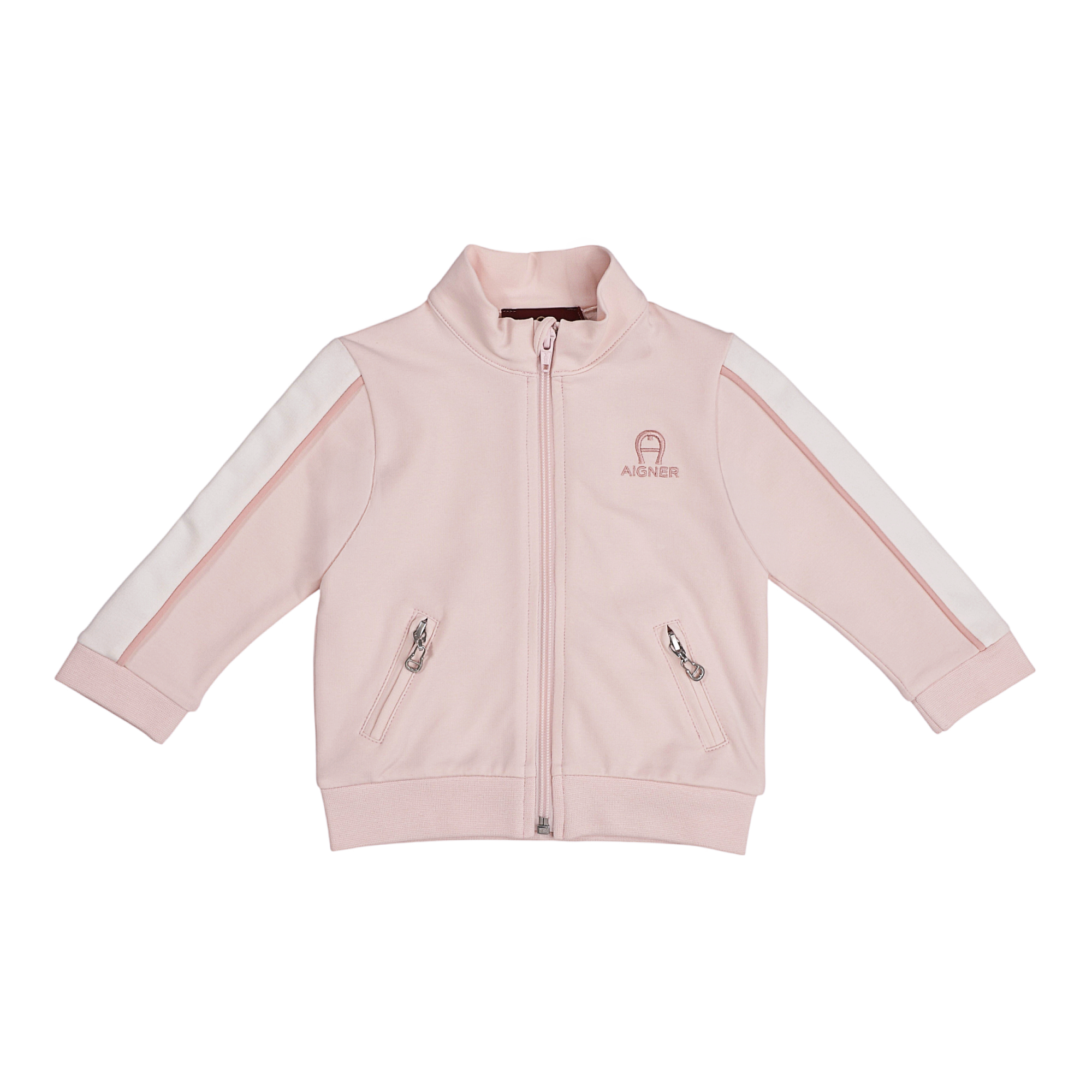 Light pink track jacket with full zip, stand collar, ribbed cuffs/hem, two zip pockets, white and pink stripes on sleeves, an