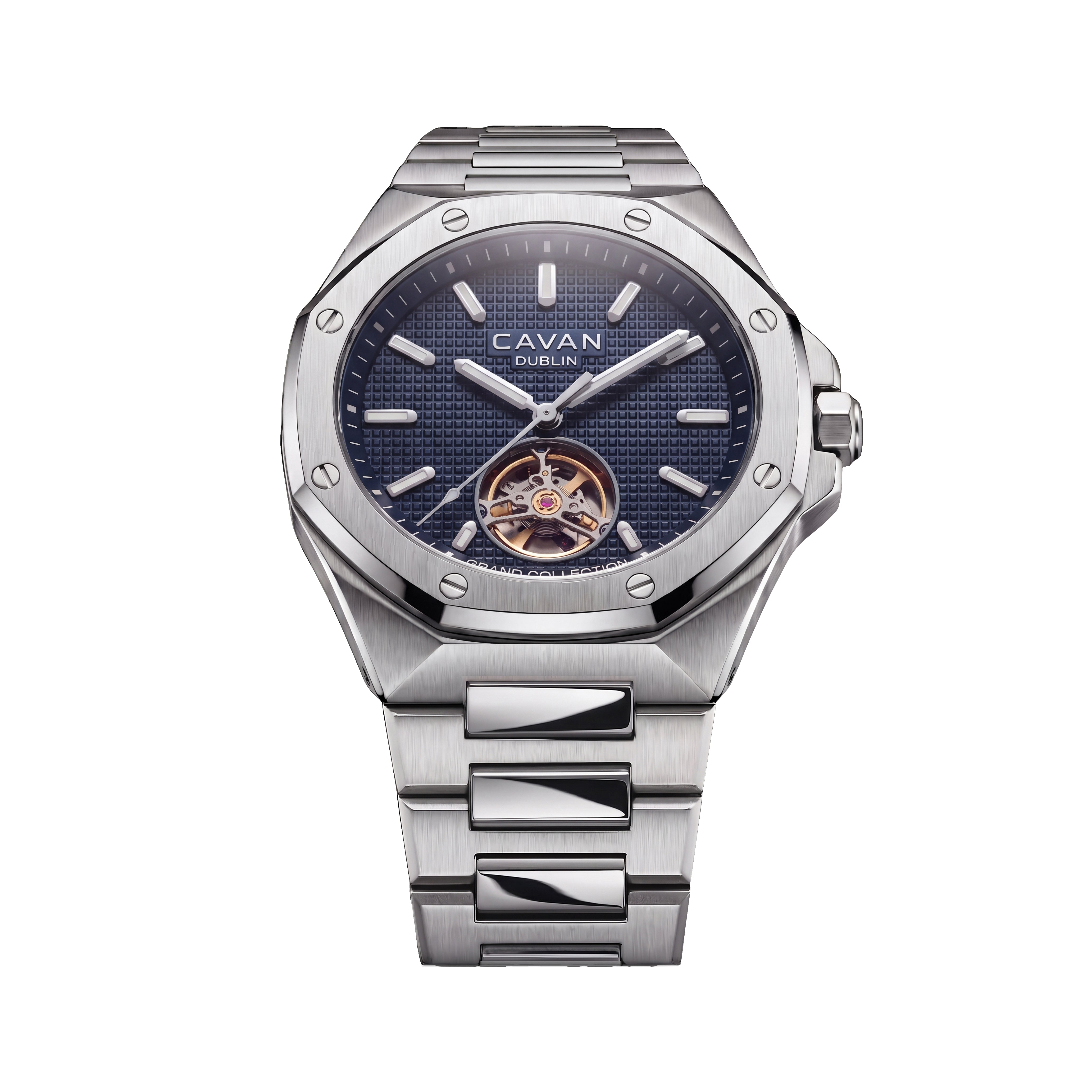 Cavan Grand Collection automatic watch with a dark blue textured dial, silver-toned octagonal bezel, and integrated metal bra