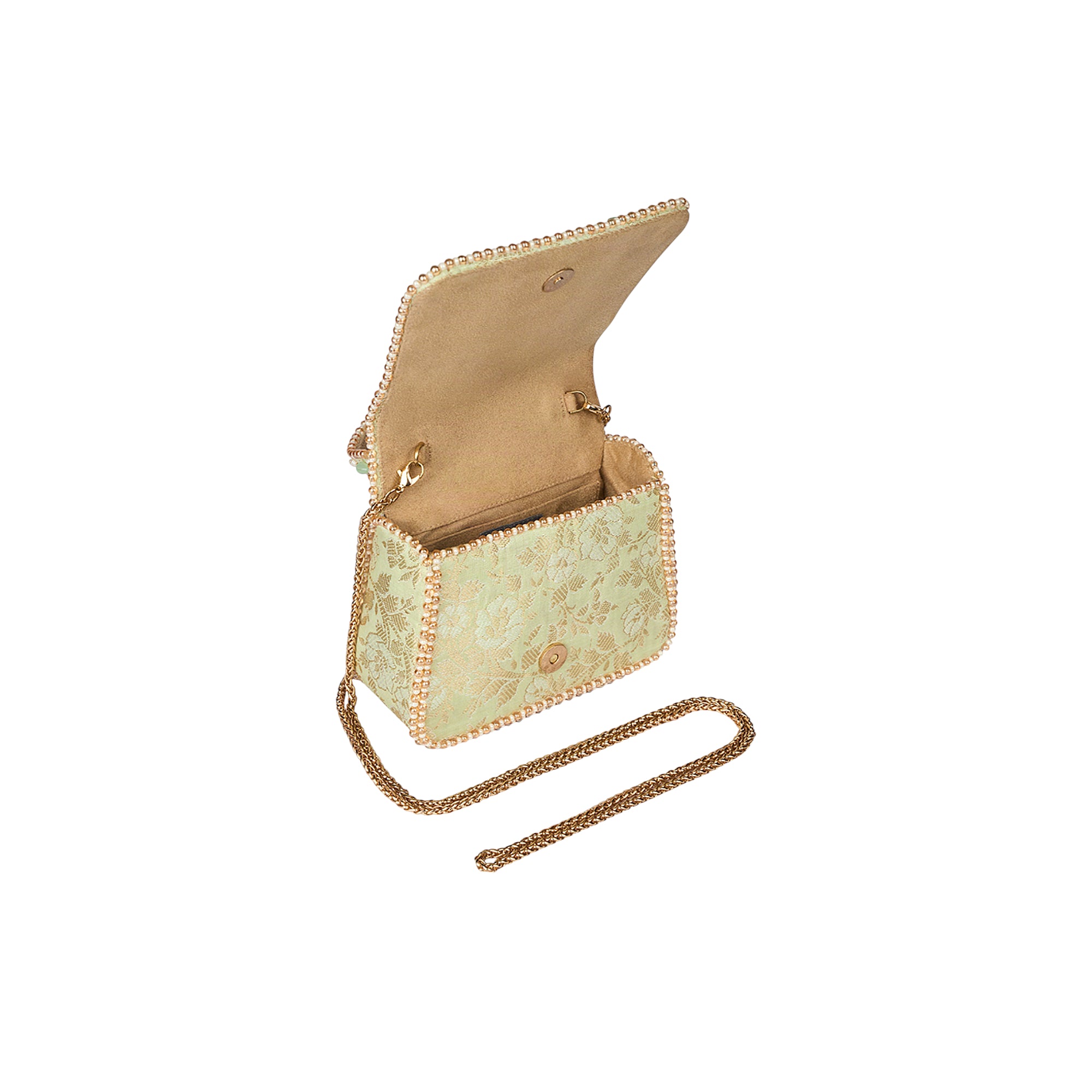 Open jade green mini trapezium bag with floral brocade, pearl-like beaded trim, gold-toned chain strap, and small blue/green