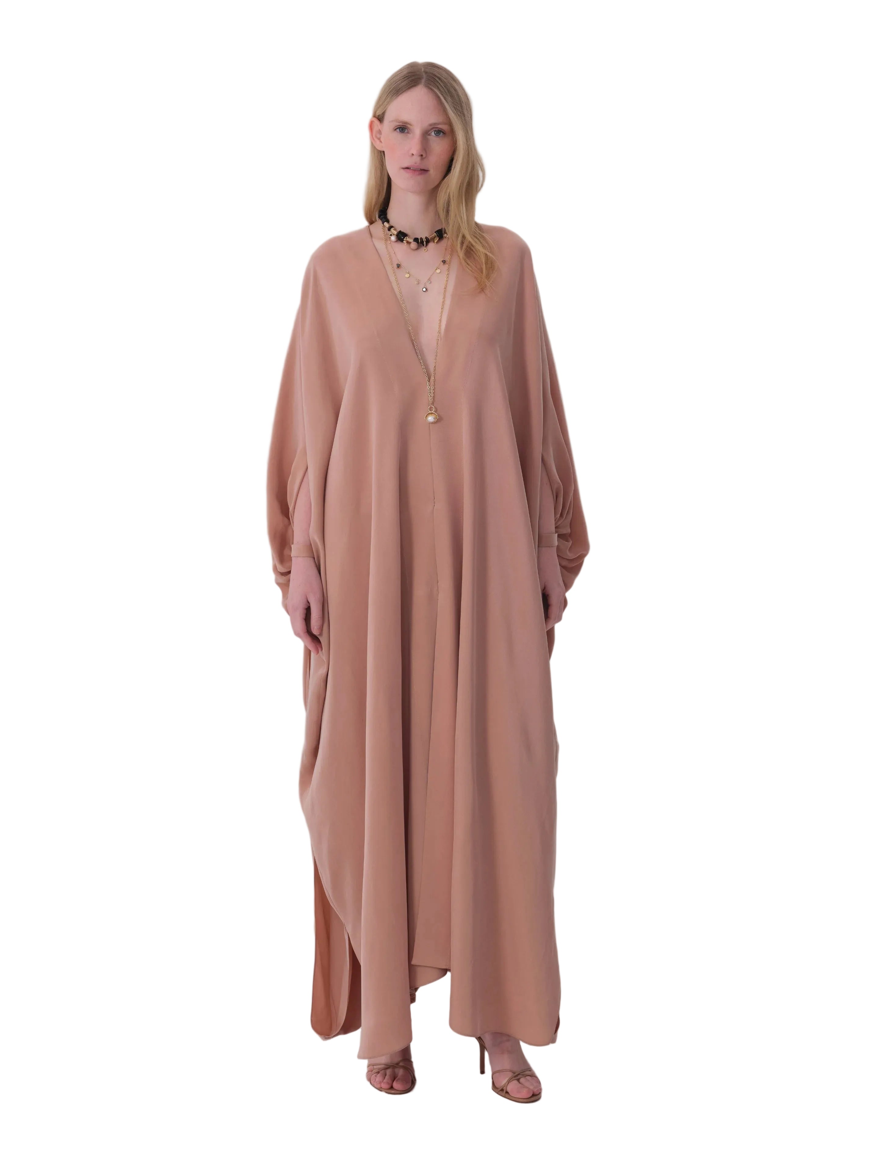 Dark beige flowing abaya with a deep V-neckline, wide batwing sleeves, and gathered cuffs.