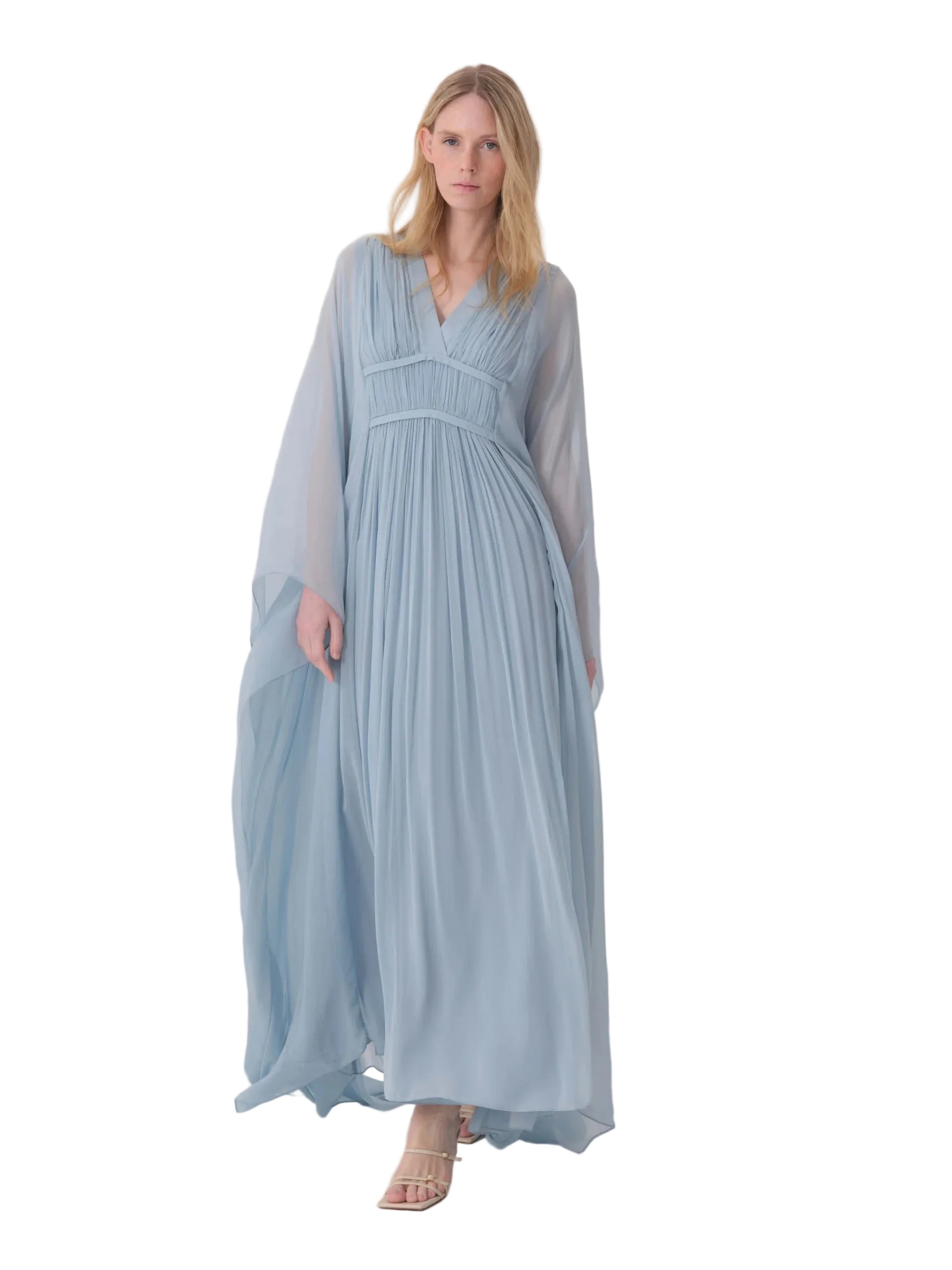 Light blue pleated chiffon maxi dress with V-neck, empire waist, and wide flowing sleeves.
