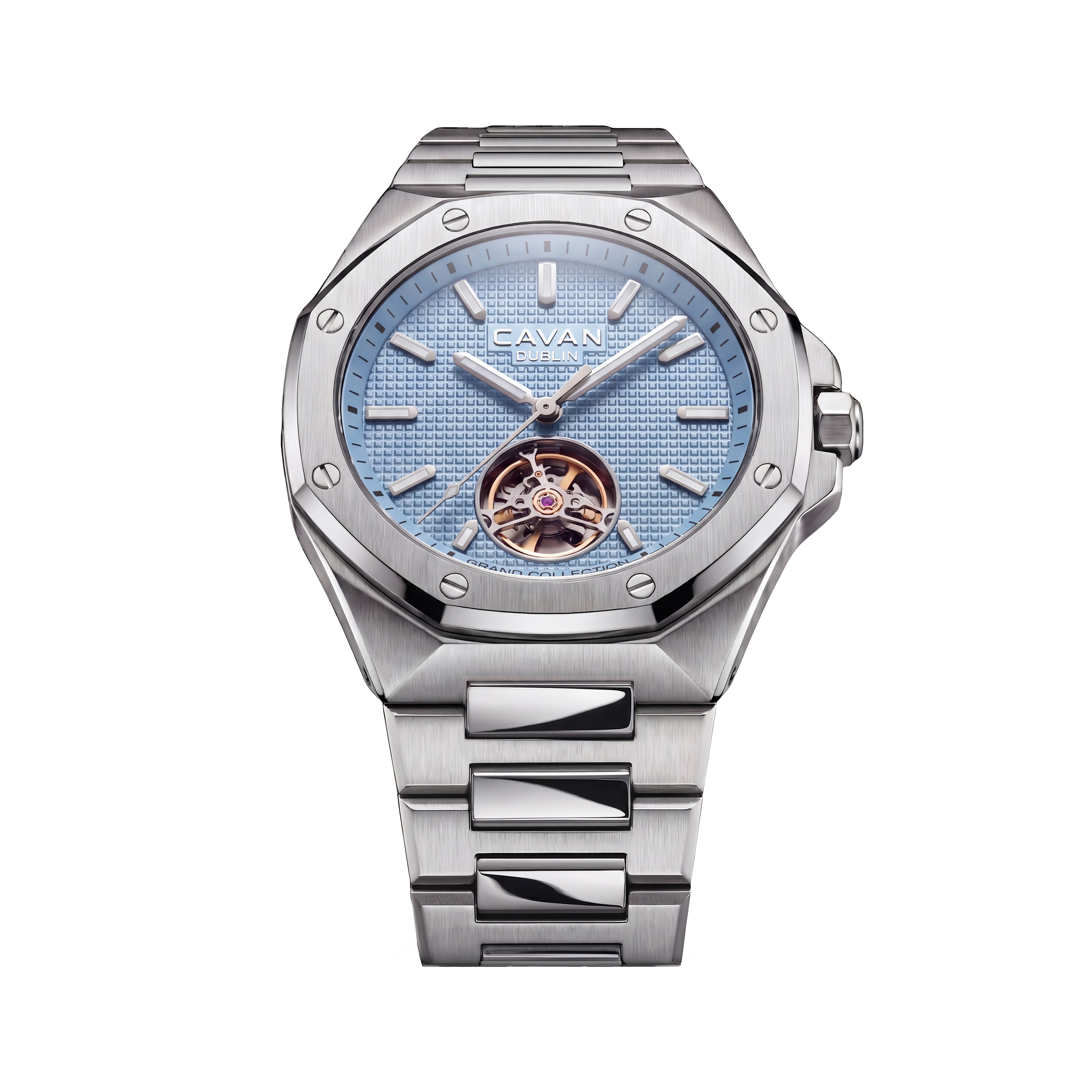 CAVAN Grand Collection automatic watch with an octagonal stainless steel case, integrated bracelet, and light blue textured d