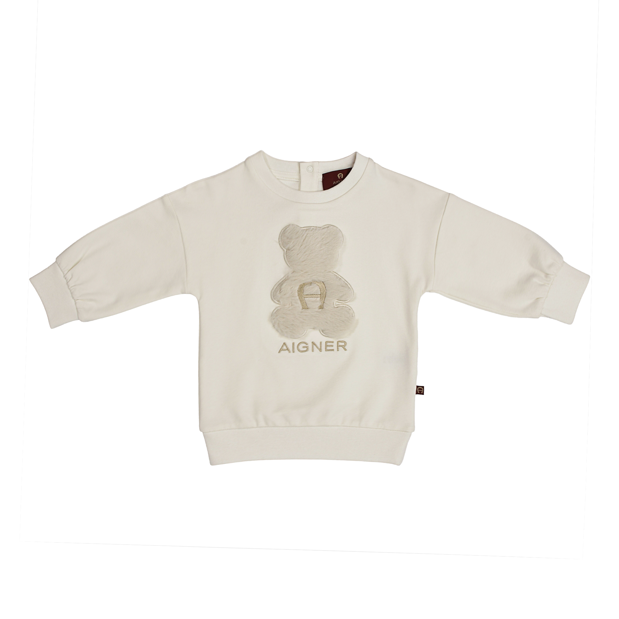 Beige long-sleeved sweatshirt with back neck snaps, a textured teddy bear appliqué, gold-toned 'A' logo, and 'AIGNER' text on