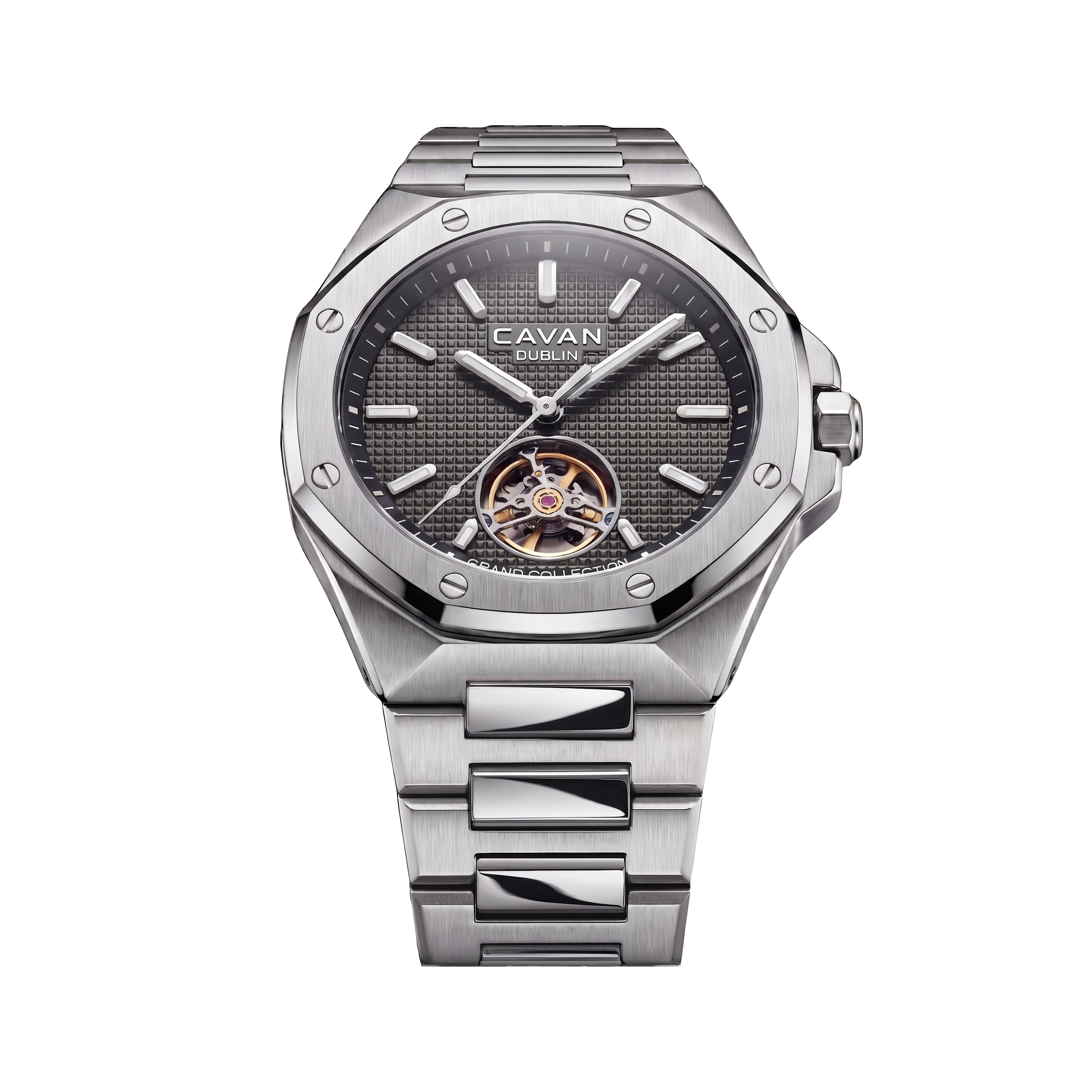 Silver-toned CAVAN automatic watch with a grey textured dial, visible open-heart movement, and integrated metal bracelet.