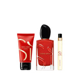 Red Giorgio Armani Si Passione fragrance gift set with a 100ml perfume bottle, a 50ml body lotion tube, and a 10ml travel spr