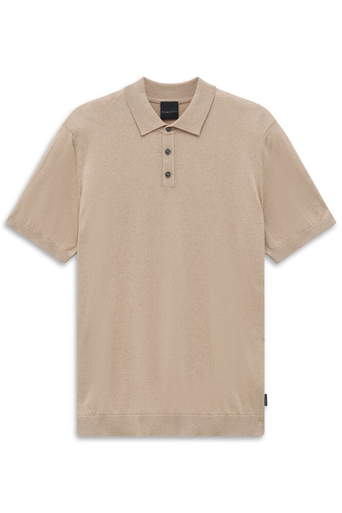 Beige fine knit short-sleeved polo shirt with a classic collar, three-button placket, and ribbed cuffs and hem.