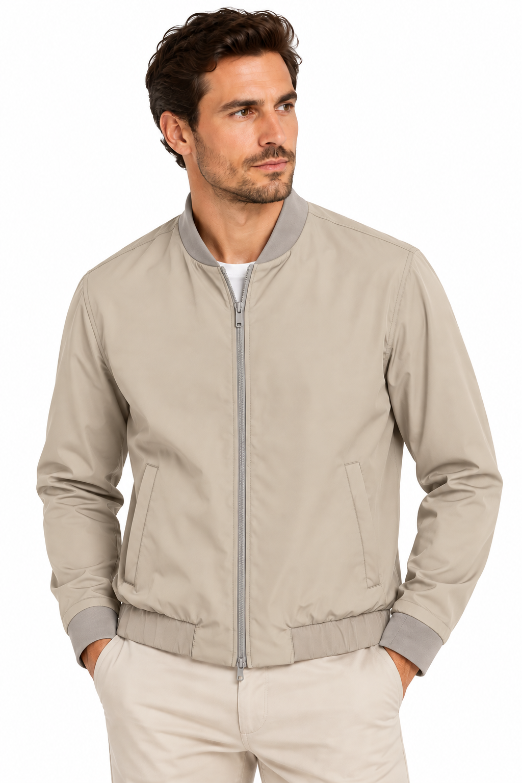 Men's beige blouson jacket with a grey ribbed collar, cuffs, and hem, featuring a central grey zip and two front welt pockets