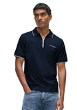 Navy blue knit short-sleeved polo shirt with white trim on collar/cuffs, silver-toned half-zip, 'KARL LAGERFELD' logo.