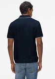 Navy blue short-sleeve polo shirt with white piping on the collar and sleeve cuffs, and a ribbed hem.
