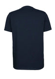 Midnight blue short-sleeve crewneck t-shirt, plain back, smooth knit fabric.
