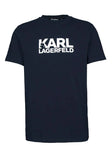 Midnight blue crewneck T-shirt with short sleeves. White 'KARL LAGERFELD' logo centered on the chest, featuring a stylized fi