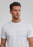 White crewneck T-shirt with subtle horizontal textured stripes, light khaki trim on the collar and short sleeve cuffs, and a