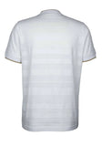 White short-sleeve crewneck t-shirt with subtle horizontal stripes and gold-toned trim on the collar and sleeve cuffs, back v
