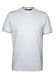 White crewneck T-shirt with subtle horizontal textured stripes. Tan-toned trim on collar and short sleeve cuffs. Small white