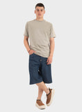 Khaki crewneck t-shirt with short sleeves. Features light-colored shoulder and sleeve bands, with 'UNFEEL' text on the left s