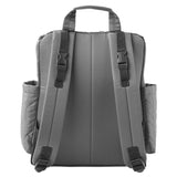 Grey fabric backpack with padded shoulder straps, black plastic buckles, a top handle, and two diamond-quilted side pockets.