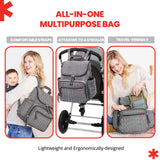 Grey quilted backpack with flap closure, two front zip pockets, side pockets, top handle, and adjustable straps. Includes two