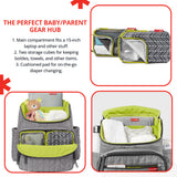 Grey quilted backpack with lime green accents. Features multiple compartments, including a front flap pocket revealing two st